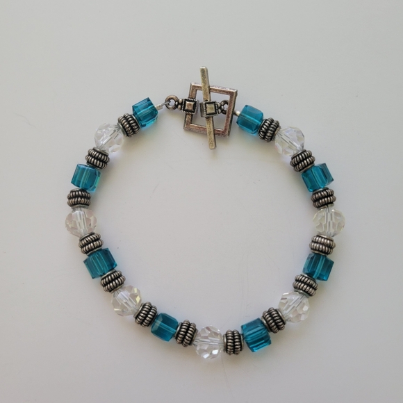 Vintage Bracelet Silver Plated Toggle Clasp Crystal Beads Jewelry 7 3/4" - Picture 1 of 7